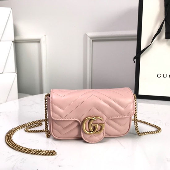 Kožená Super Mini Taška Gucci Gg Marmont Matelasse Růžová 476433