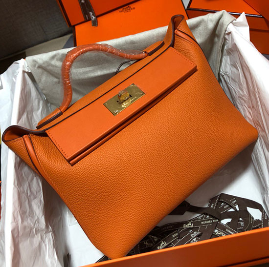 Kožená Taška Hermes Kelly 24/24 Togo Oranžová Se Zlatým Hardwarem H06131