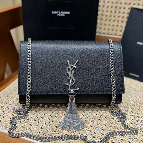 Saint Laurent Monogram Kabelka Z Teletiny Kate Střapec černá Se Stříbrem 354119