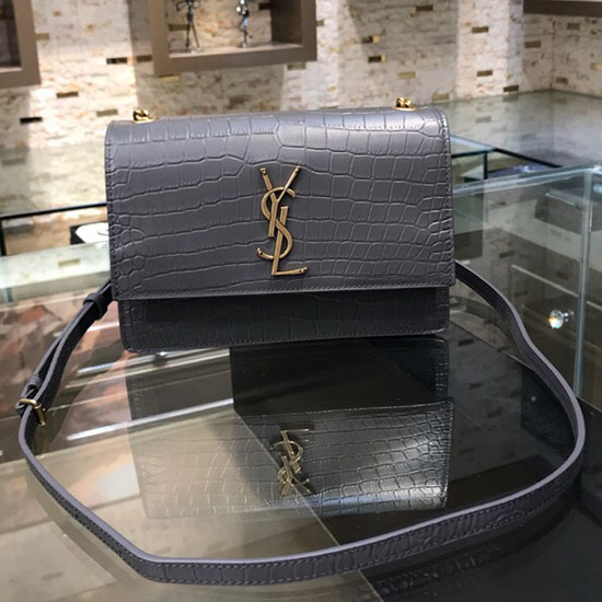 Saint Laurent Sunset Malý V šedé Krokodýlí Embosované Kůži 515822