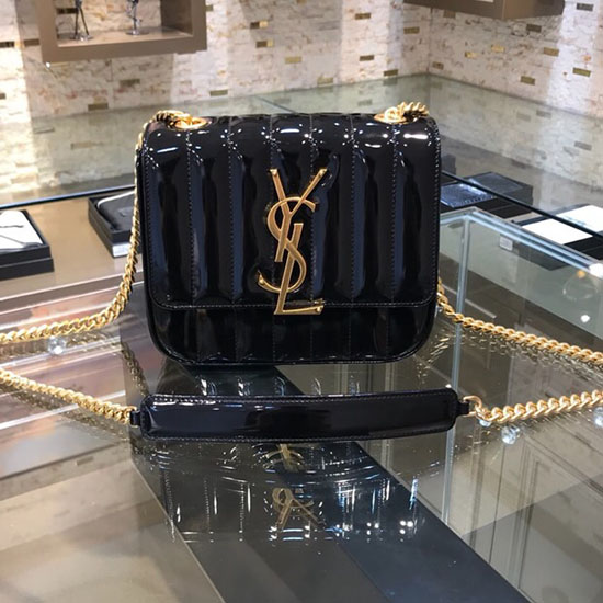 Saint Laurent Vicky Medium V ​​černé Lakované Kůži Matelasse 532612