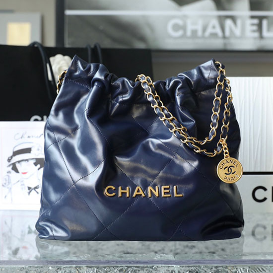 Small Chanel 22 Lesklá Kabelka Z Teletiny Modrá As3260