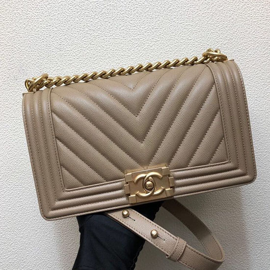 Střední Chanel Chevron Zrnitá Teletina Chlapecká Taška Béžová A67086