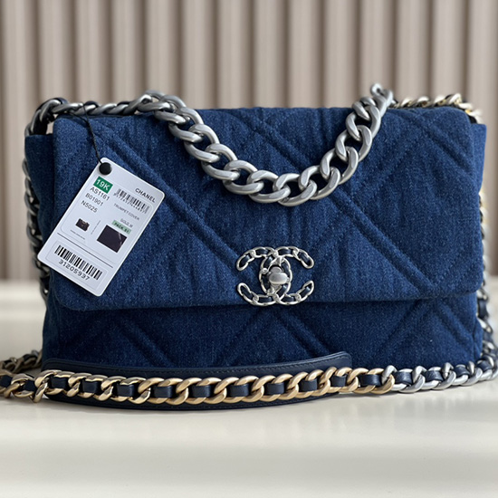 Chanel 19 Lammeskinds Denim Håndtaske Mørkeblå Med Sølv As1161