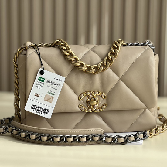 Chanel 19 Lammeskinds Klap Håndtaske Beige Med Guld As1160