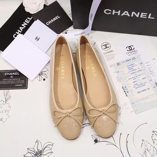 Chanel Beige Læder Ballet Lejligheder Ch1630