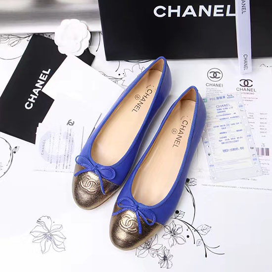 Chanel Blå Lammeskind Ballet Lejligheder Guld Cap Toe Ch1610