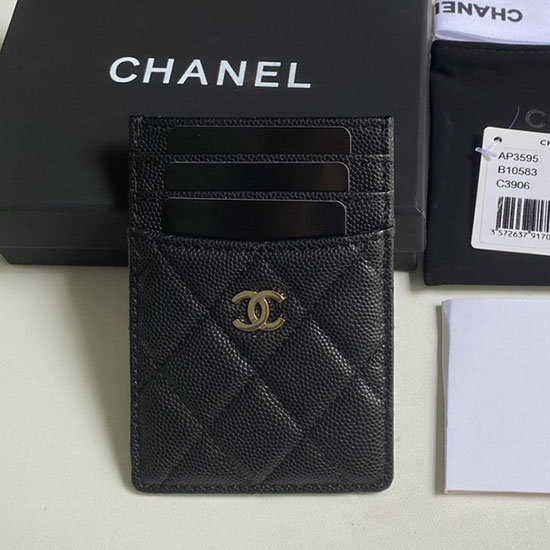 Chanel Grain Kalveskind Kortholder Sort Med Guld Ap3595