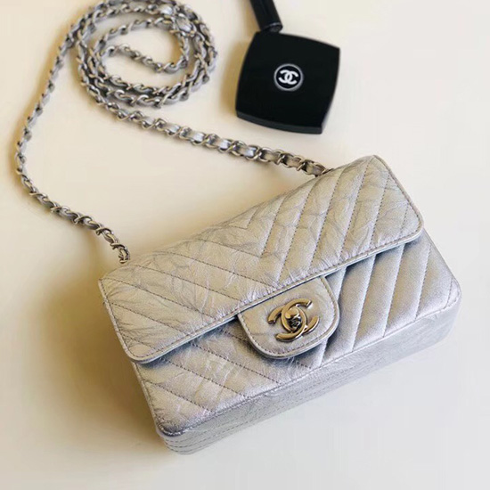 Chanel Kalveskind Klassisk Flap Taske Sølv A25082