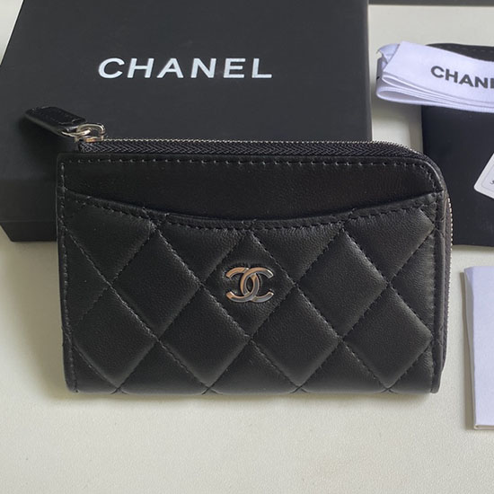 Chanel Lammeskinds Lynlåskortholder Sort Med Sølv Ap3179