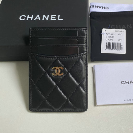 Chanel Lammeskindskortholder Sort Med Guld Ap3595