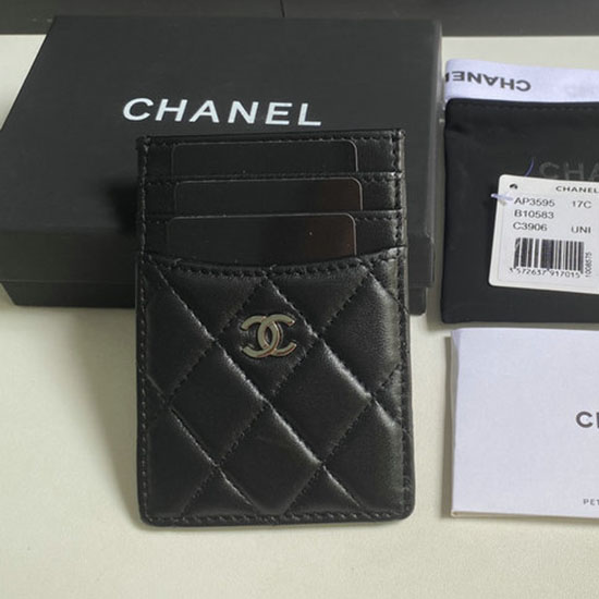 Chanel Lammeskindskortholder Sort Med Sølv Ap3595