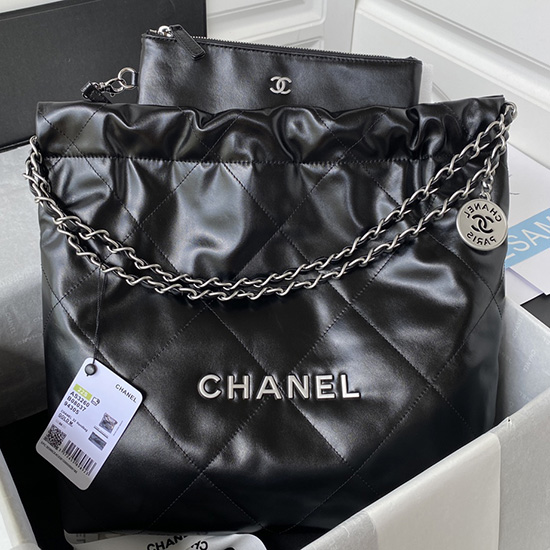 Chanel Shiny Kalveskind 22 Lille Håndtaske Sort Med Sølv As3260