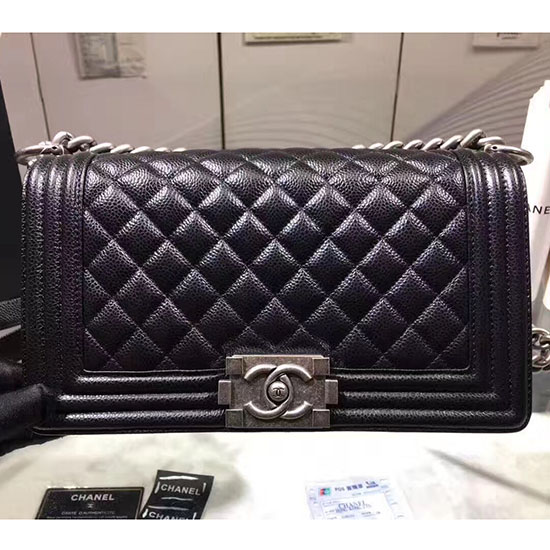 Chanel Sort Quiltet Kaviar Medium Drengetaske Sølv Hardware A67086