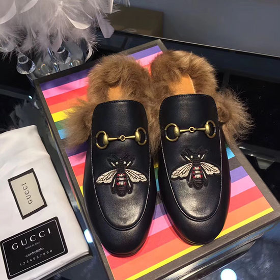 Gucci Bee Princetown Læder Hjemmesko Sort 462723