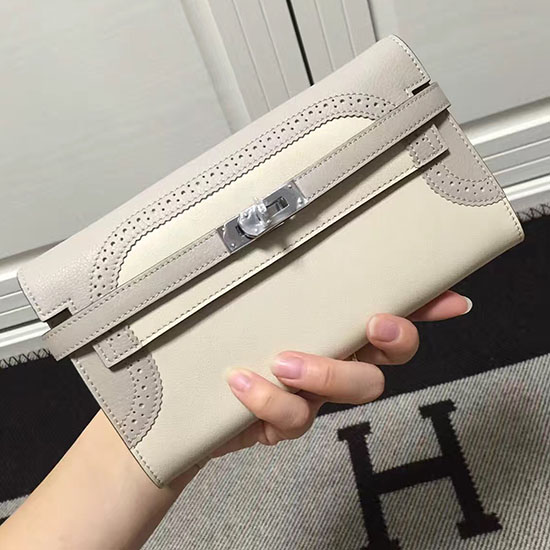 Hermes Kelly Clutch Taske I Råhvid Og Grå Swift Læder Hk1210