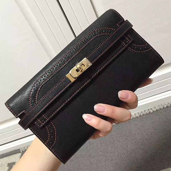 Hermes Kelly Clutch Taske I Sort Swift Læder Rød Linje Hk1210