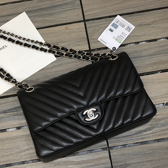 Klassisk Chanel Chevron Medium Flap Taske Sort Med Sølv Cf1112