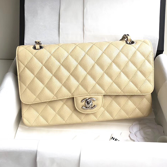 Klassisk Chanel Kaviar Læder Klap Skuldertaske Beige A1112