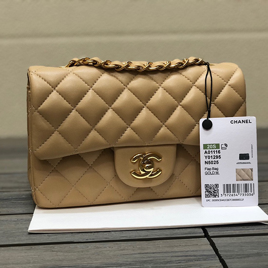 Klassisk Chanel Lammeskind Lille Flap Taske Beige Med Guld Cf1116