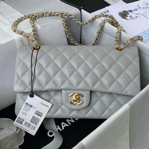 Klassisk Chanel Medium Flap Taske Grå Med Guld Cf1112