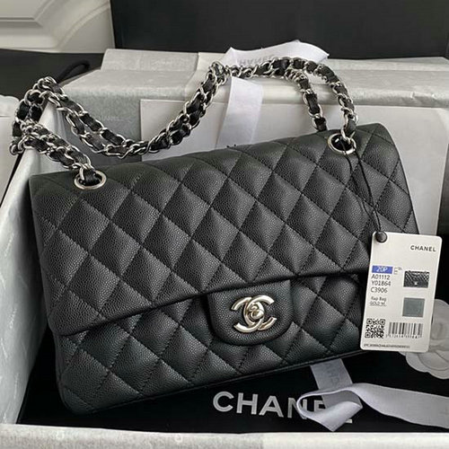 Klassisk Chanel Medium Flap Taske Sort Med Sølv Cf1112