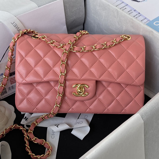 Lille Klassisk Chanel Flap Håndtaske Pink Med Guld A01113