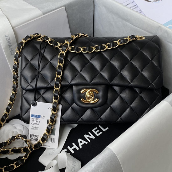 Lille Klassisk Chanel Flap Håndtaske Sort Med Guld A01113