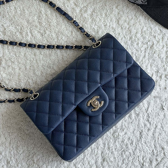 Lille Klassisk Chanel Grain Kalveskind Flap Taske Blå A01117