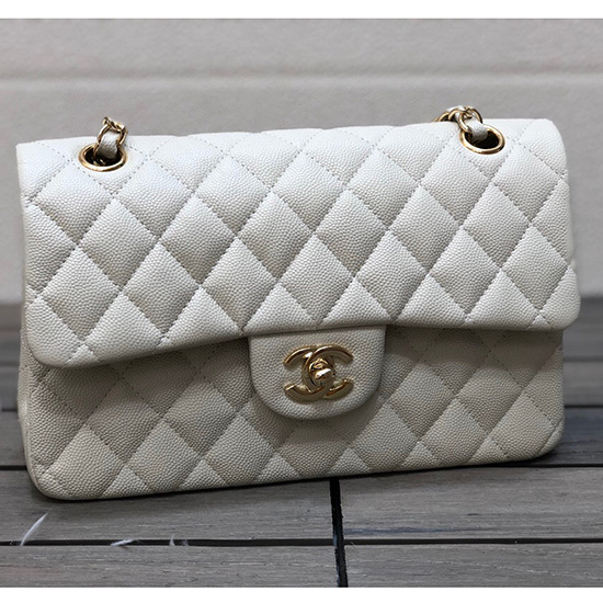 Lille Klassisk Chanel Grain Kalveskind Flap Taske Hvid A01117