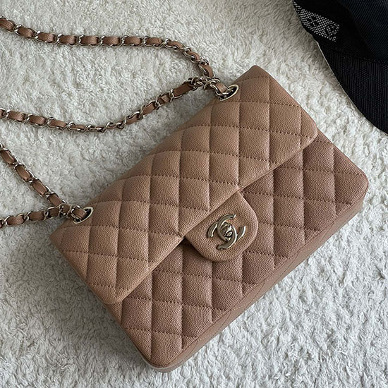 Lille Klassisk Chanel Grain Kalveskind Flap Taske Nøgen A01117