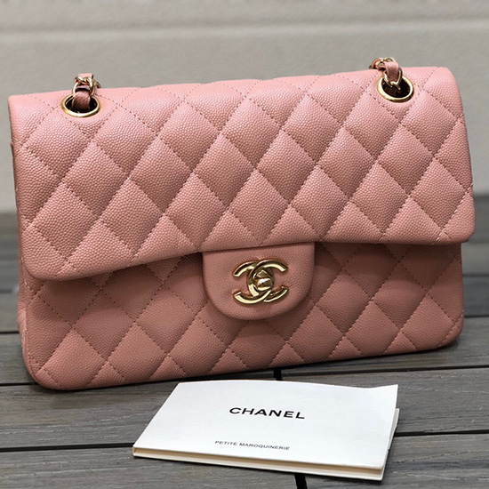 Lille Klassisk Chanel Grain Kalveskind Klaptaske Pink A01117