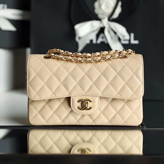 Lille Klassisk Chanel Kaviar Læder Flap Taske Beige Med Guld A01113