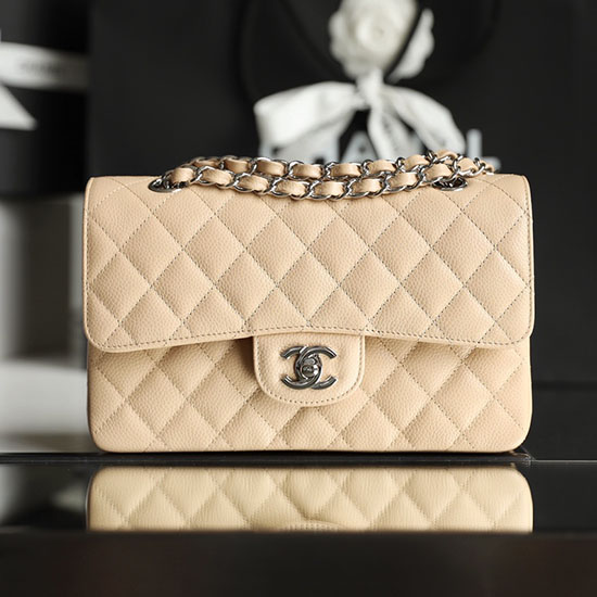 Lille Klassisk Chanel Kaviar Læder Flap Taske Beige Med Sølv A01113