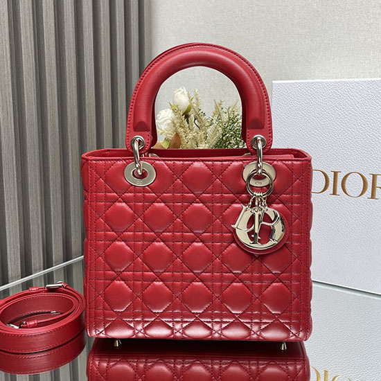 Medium Lady Dior Lammeskindstaske Rød D2454