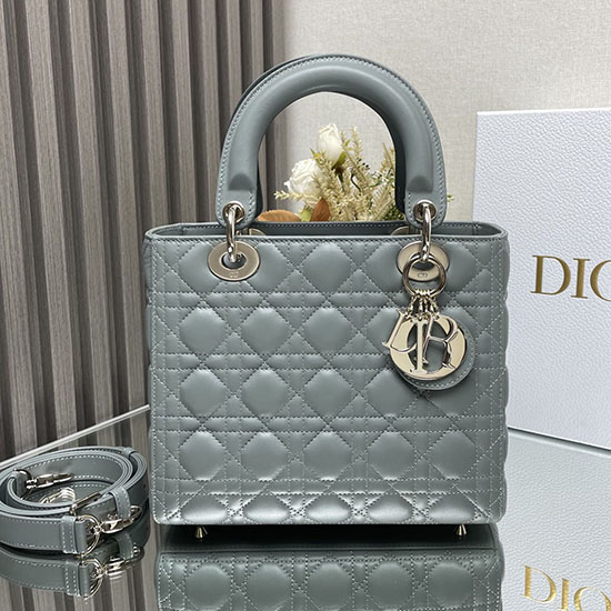 Medium Lady Dior Lammeskindstaske Stengrå D2454