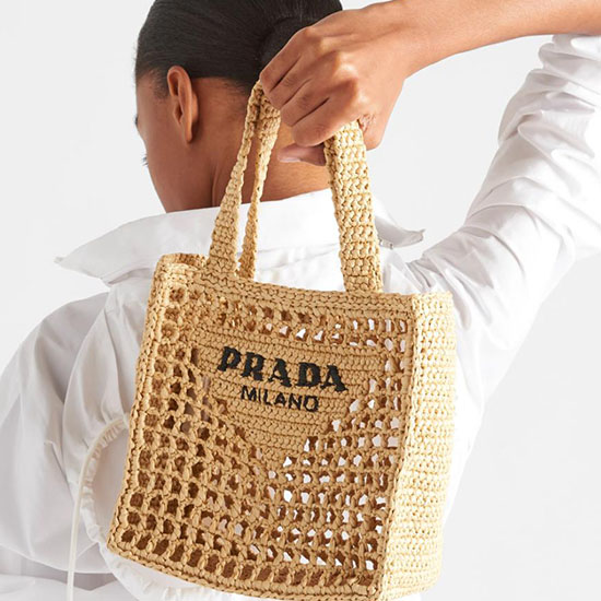 Prada Lille Raffia Hæklet Mulepose Beige 1bg444