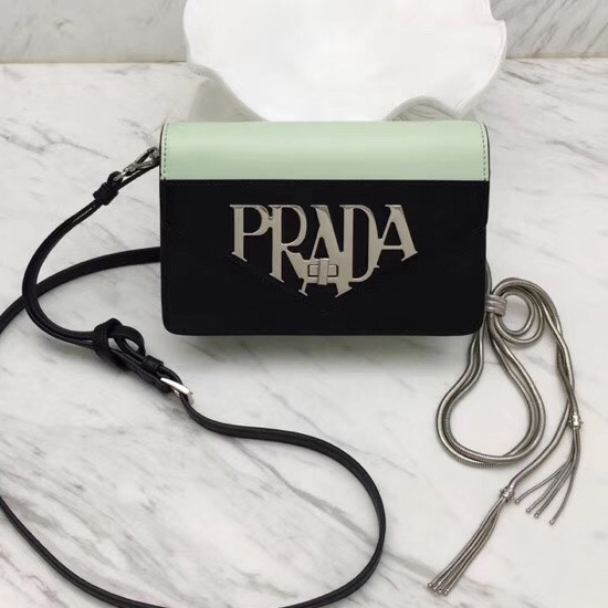 Prada Læder Skuldertaske Sort Og Grøn 1bd101