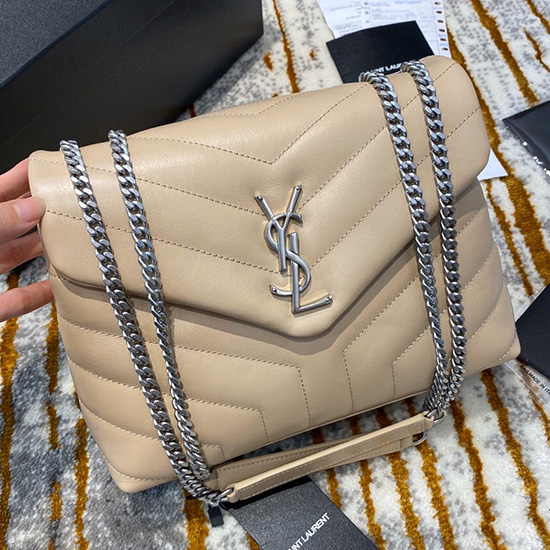 Saint Laurent Lille Læder Loulou Kædetaske Beige Med Sølv 494699