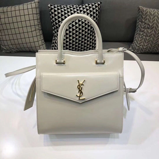 Saint Laurent Lille Uptown-tote I Hvidt Skinnende Glat Læder 561203