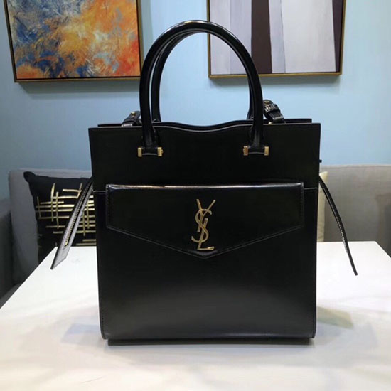 Saint Laurent Lille Uptown-tote I Sort Skinnende Glat Læder 561203