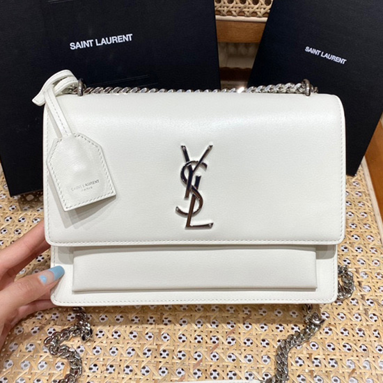 Saint Laurent Medium Sunset Taske Hvid Med Sølv 442906