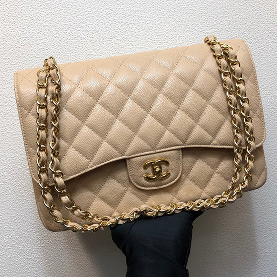 Stor Klassisk Chanel Kaviar Læder Håndtaske Beige Guld A01119