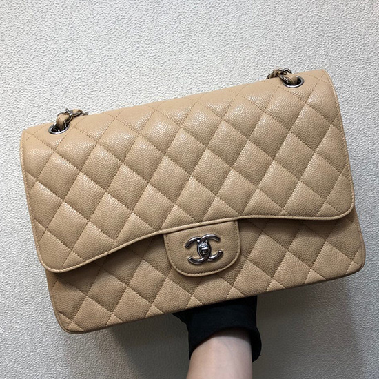 Stor Klassisk Chanel Kaviar Læder Håndtaske Beige Sølv A01119