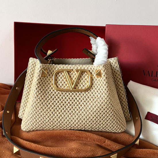 Valentino Garavani Lille Vlogo Raffia Mulepose Beige V0099s