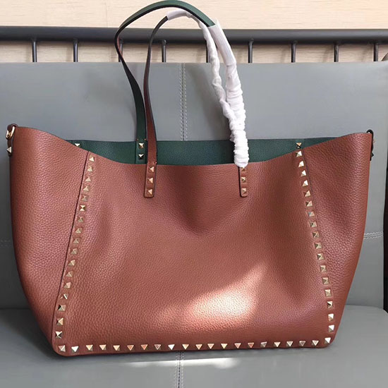 Valentino Guitar Rockstud Rullende Dobbelt Vendbar Tote Brun Og Grøn V0501