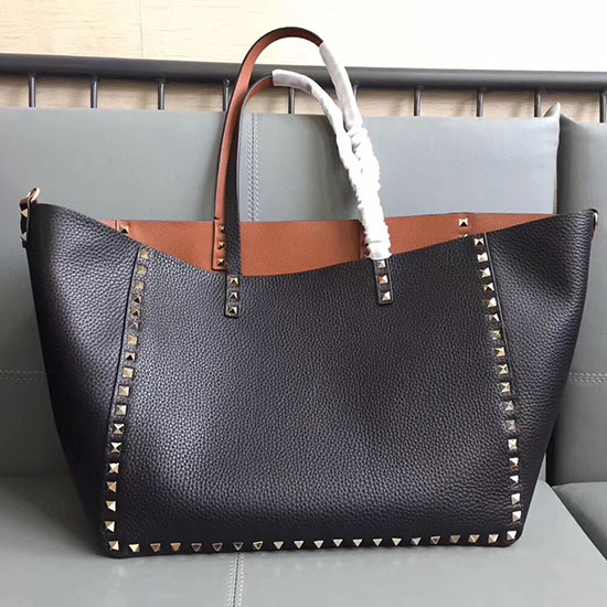 Valentino Guitar Rockstud Rullende Dobbelt Vendbar Tote Sort  Brun V0501