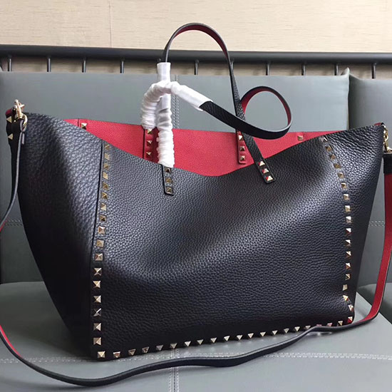 Valentino Guitar Rockstud Rullende Dobbelt Vendbar Tote Sort Og Rød V0501