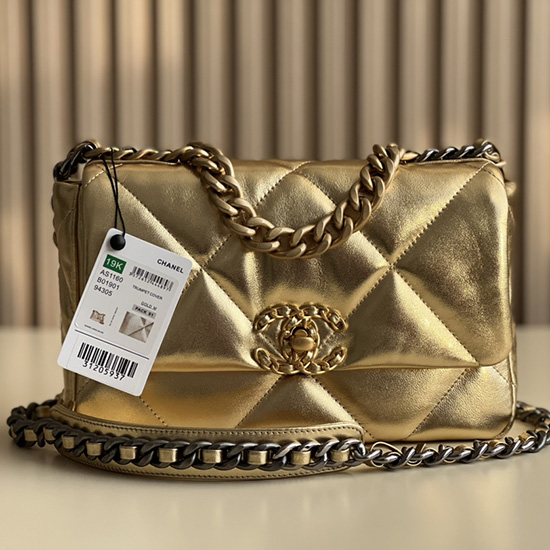 Chanel 19 Lammfell-Handtasche Mit Klappe Gold AS1160