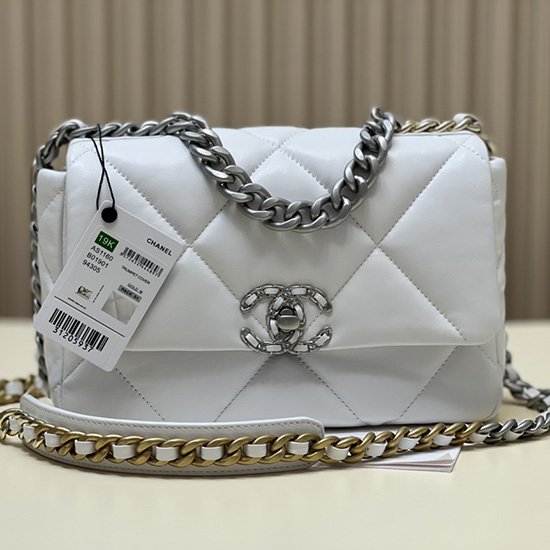 Chanel 19 Lammfell-Handtasche Mit Klappe Weiß Mit Silber AS1160